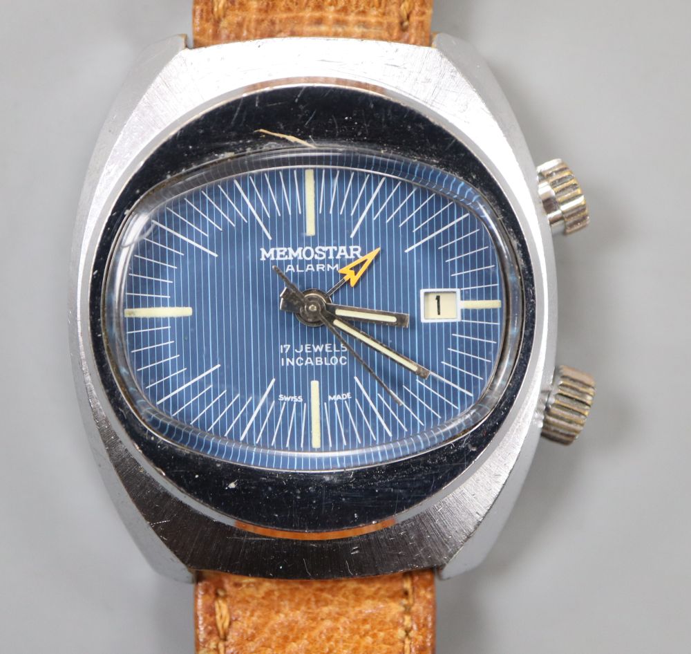 A gentlemans 1970s stainless steel Memostar alarm wrist watch, on associated strap.